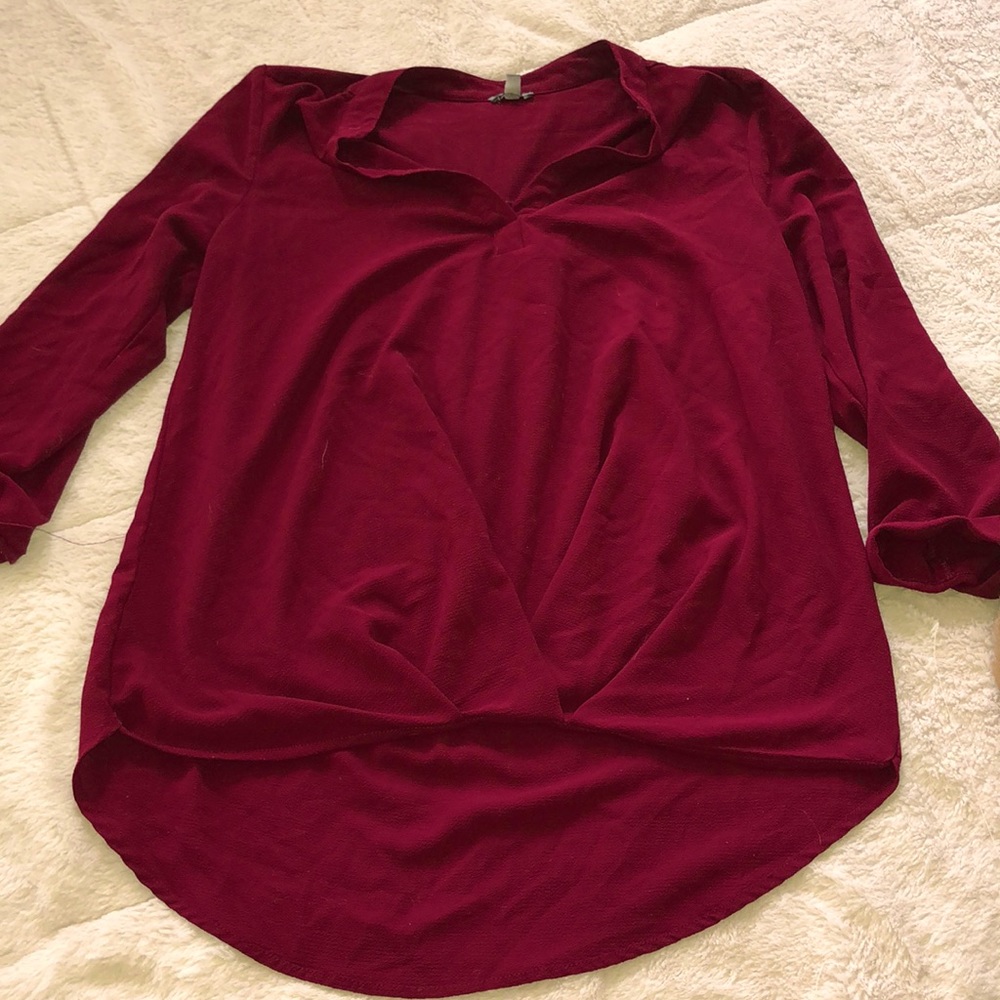 Formal wine red dress shirt with v neck slit